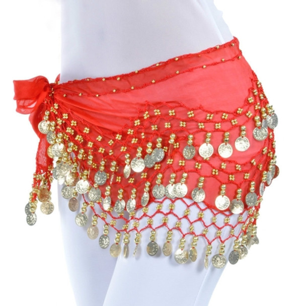 Lady Belly Dance Hip Scarf Accessories 3-Row Belt Skirt Bellydance Waist Chain Wrap Adult Dance Wear(Red)