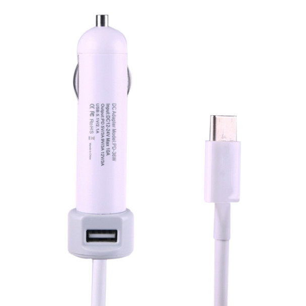 36W 5V 9V 12V 15V 3A DC USB-C / Type-C Car Adapter with 1 USB Port for Apple Macbook A1534, Length: 2m(White)