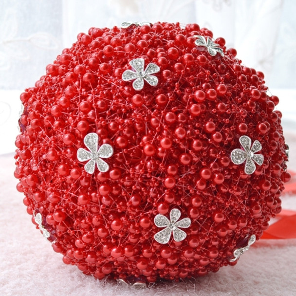 Wedding Holding Pearl Flowers Bridal Bouquet Accessories Bridesmaid Rhinestone Party Wedding Decoration Supplies, Diameter: 20cm(Red)