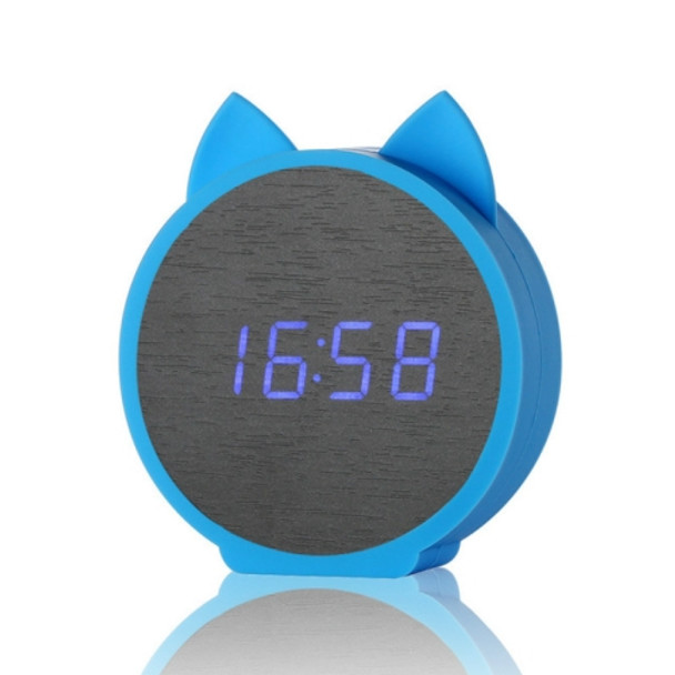 Creative Cat Shape Children Environmental Protection Silicone Wooden Silent LED Electronic Alarm Clock, Style:Ordinary(Blue Light + Blue)