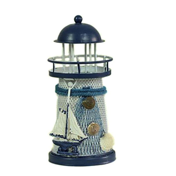 2 PCS Mediterranean Style Round Hole tin Lighthouse Candlestick Home Desktop Decoration Wrought Iron Candlestick(Sailboat)