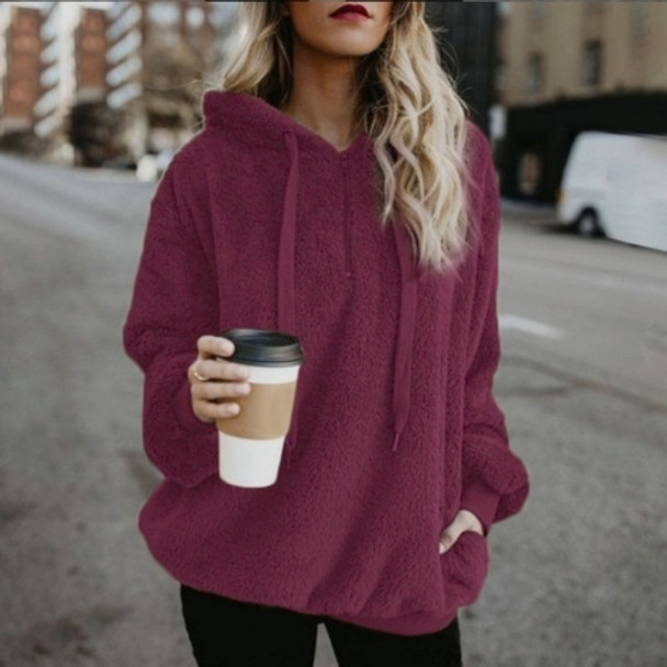 Long-sleeved Hooded Solid Color Women Sweater Coat (Color:Wine Red Size:L)