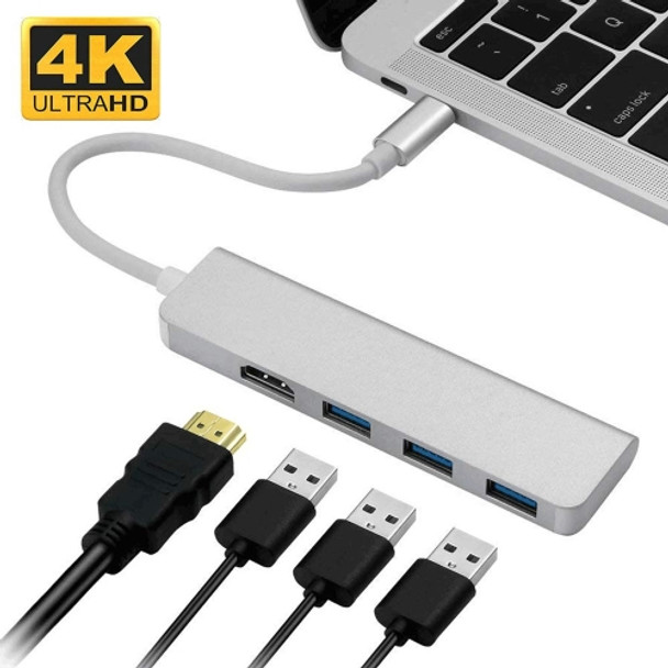 USB-C Hub, Type-C Adapter To HDMI, 3 USB 3.0, Portable Aluminum USB C Dongle For MacBook Pro 2018/2017/2016 Chromebook Pixel, DELL XPS13