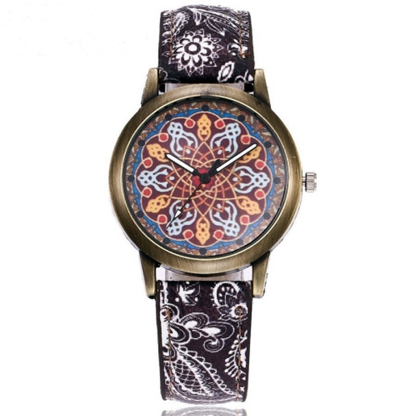 W0800 Retro Flower Pattern Leather Belt Quartz Watch(D)