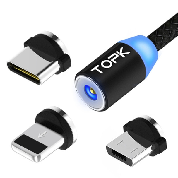 TOPK 1m 2.1A Output USB to 8 Pin + USB-C / Type-C + Micro USB Mesh Braided Magnetic Charging Cable with LED Indicator(Black)