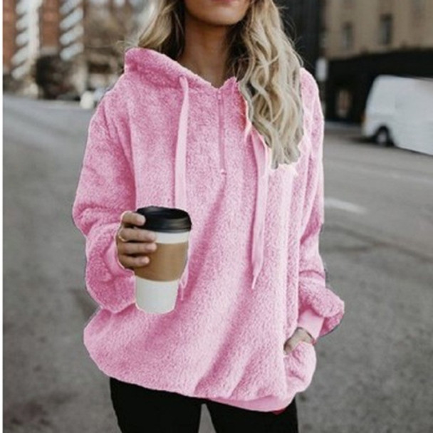 Long-sleeved Hooded Solid Color Women Sweater Coat (Color:Pink Size:L)