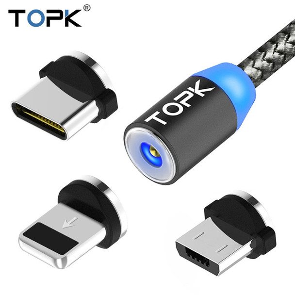TOPK 1m 2.1A Output USB to 8 Pin + USB-C / Type-C + Micro USB Mesh Braided Magnetic Charging Cable with LED Indicator(Grey)