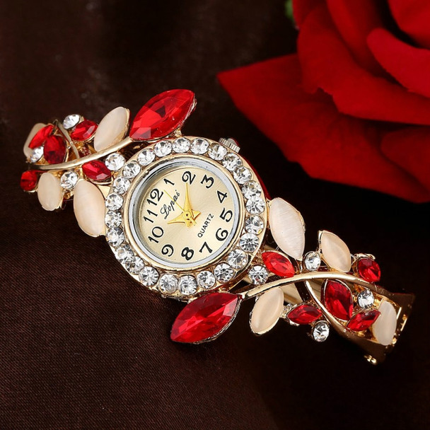 Ladies Retro Round Dial Diamond Petal Bracelet Quartz Watch(Red)