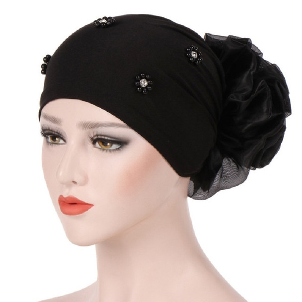 Women Personality Rear Flower Decoration Turban Hat Beaded Hooded Cap, Size:M (56-58cm)(Black)