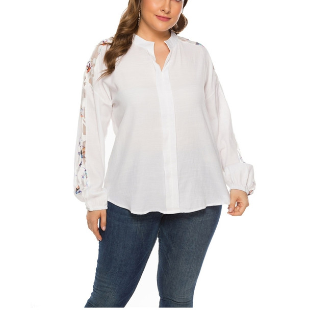 Bird Pattern Lace Stitching Loose Shirt (Color:White Size:XXXL)