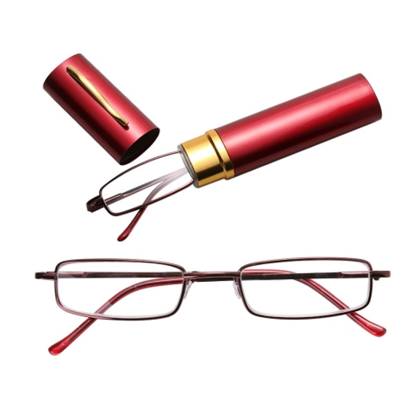 Reading Glasses Metal Spring Foot Portable Presbyopic Glasses with Tube Case +4.00D(Red )