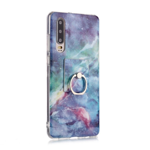For Huawei P30 Coloured Drawing Pattern IMD Workmanship Soft TPU Protective Case With Holder(Blue Sky)
