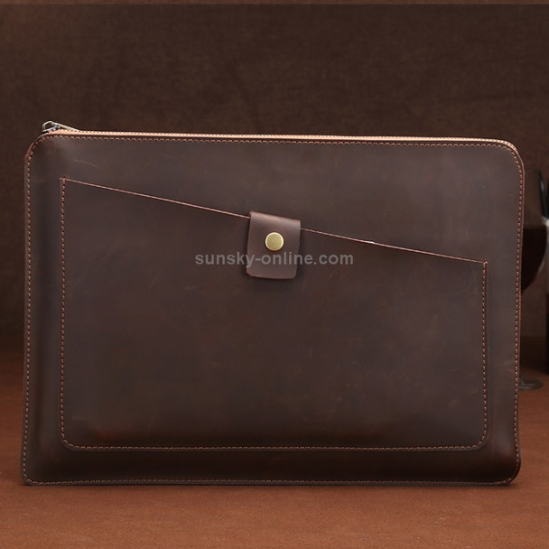 Universal Genuine Leather Business Zipper Laptop Tablet Bag, For 15.4 inch and Below Macbook, Samsung, Lenovo, Sony, DELL Alienware, CHUWI, ASUS, HP (Coffee)