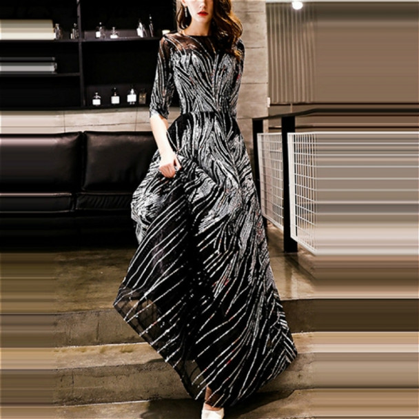 Spring and Summer Half Sleeved Long Slim Sequins Hosted Banquet Dress, Size:XL(Black)