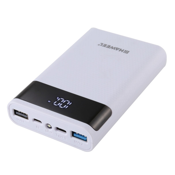 HAWEEL DIY 4x 18650 Battery (Not Included) 12000mAh Dual-way QC Charger Power Bank Shell Box with 2x USB Output & Display, Support QC 2.0 / QC 3.0 / FCP / SFCP /  AFC / MTK / BC 1.2 / PD(White)