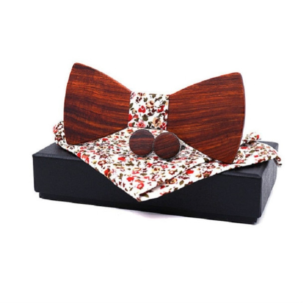 3 in 1 Men Rosewood Bowknot + Pocket Square Towel + 2 Cufflinks Set(Floral)