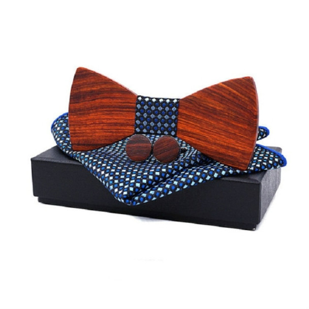 3 in 1 Men Rosewood Bowknot + Pocket Square Towel + 2 Cufflinks Set(Blue Square)