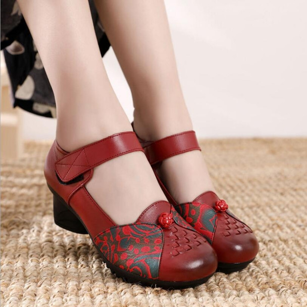 Women Shoes Leather Square Heel Shoes, Size:34(Red)