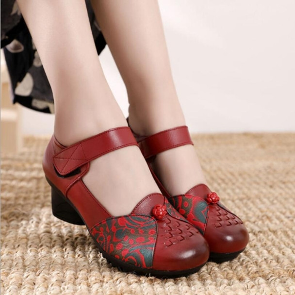 Women Shoes Leather Square Heel Shoes, Size:35(Red)