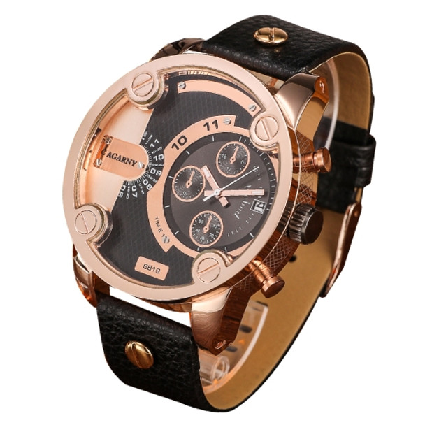 CAGARNY 6819 Fashionable Multifunctional Dual Time Zone Quartz Business Sport Wrist Watch with Leather Band & GMT Time & Calendar & Luminous Display for Men(Rose Gold Case)