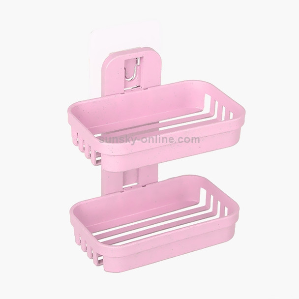 Wall Hanging Traceless Double-deck PP Soap Holder Bathroom Storage Shelf (Pink)