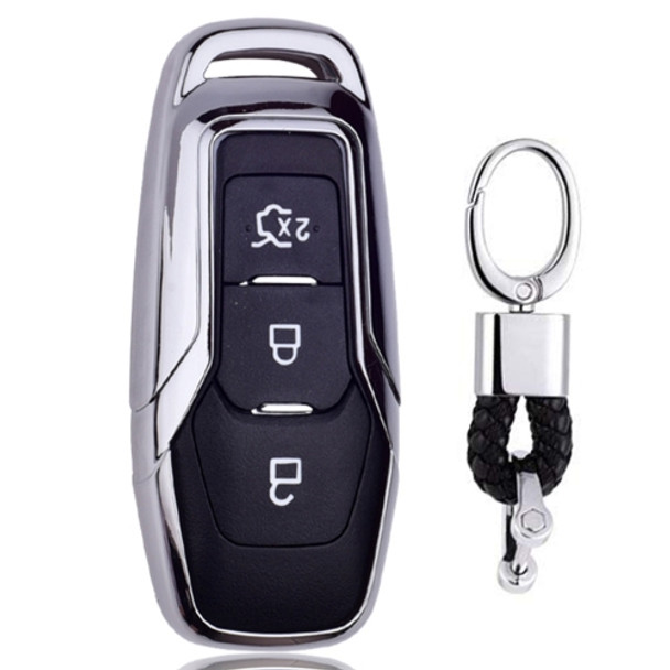 Electroplating TPU Single-shell Car Key Case with Key Ring for Ford FOCUS / Edge / Mondeo / EcoSport / ESCORT (Silver)