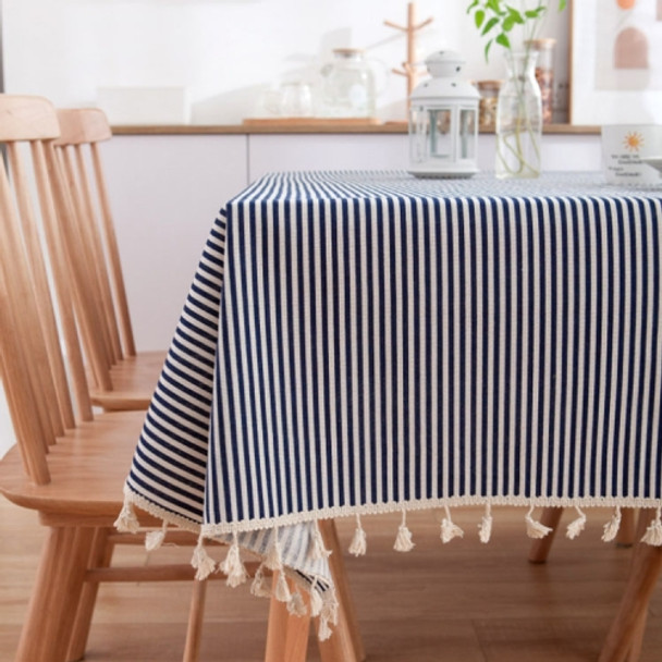 Tassel Lace Daisy Print Cotton Linen Tablecloth, Size:90x90cm(Navy Blue Stripes)