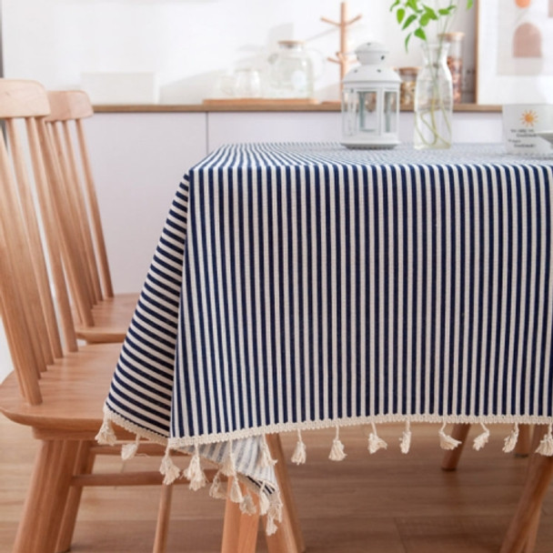 Tassel Lace Daisy Print Cotton Linen Tablecloth, Size:140x260cm(Navy Blue Stripes)