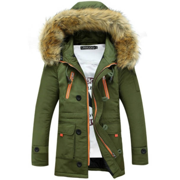 Long Section Cotton Suit Men Plus Velvet Thick Warm Jacket Large Fur Collar Coat Lovers Jacket, Size:L(Army Green)