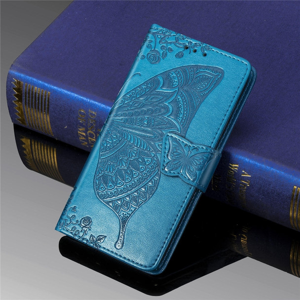 Butterfly Love Flowers Embossing Horizontal Flip Leather Case For Google Pixel 4 XL with Holder & Card Slots & Wallet & Lanyard(Blue)