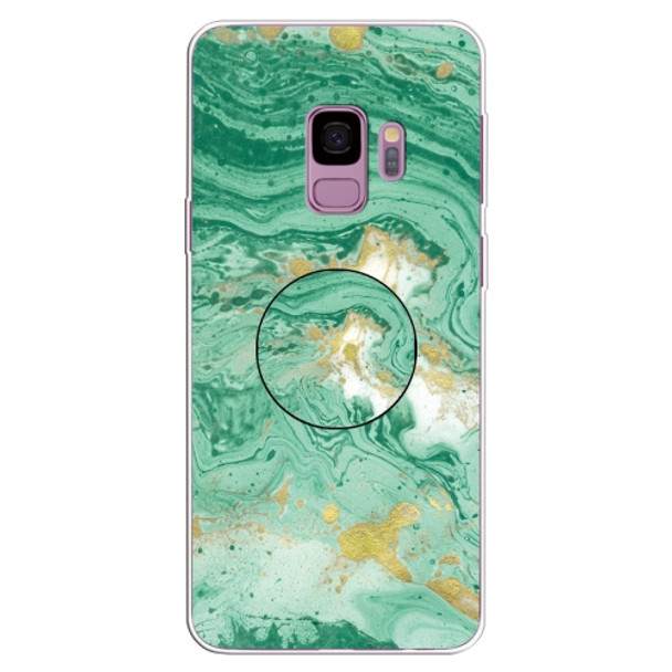 For Galaxy S9 Embossed varnished Marble TPU Protective Case with Holder(Dark Green)