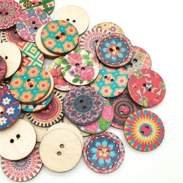 100 PCS Two-hole Round Printed Wooden Buttons DIY Clothing Buttons, Size:25 mm(Random Color Delivery)