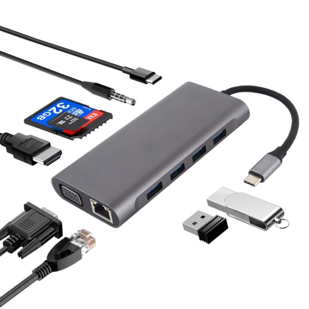 11 in 1 VGA + LAN Port + 4 x USB 3.0 + SD / TF Card + HDMI + Audio Port + USB-C / Type-C Female to USB-C / Type-C HUB Adapter(Dark Gray)
