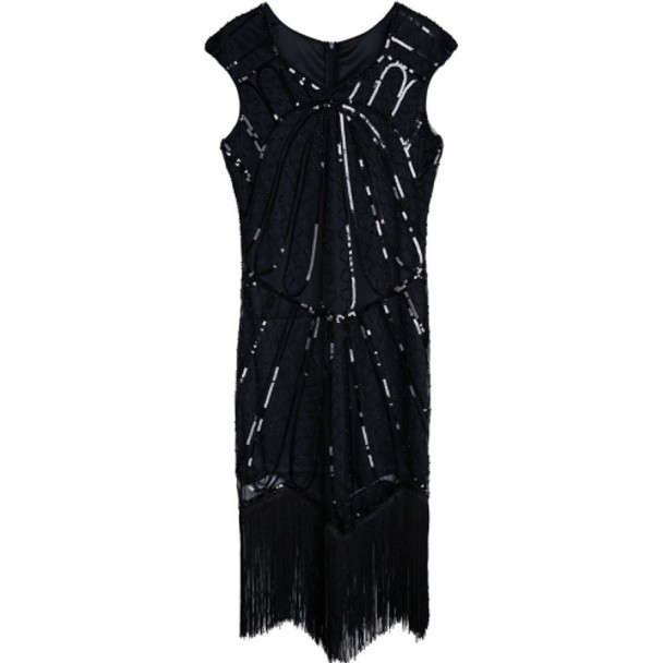 Women Tassel Sequined Round Neck Short Sleeve Gown (Black_XXL)