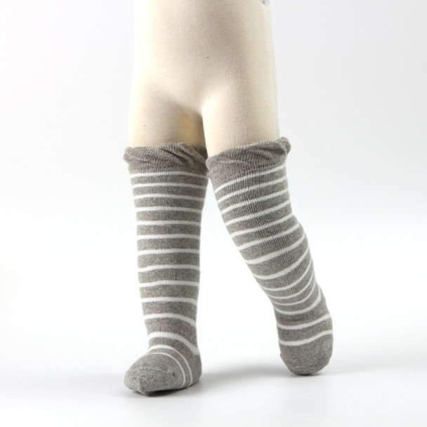 Autumn And Winter Baby Terry Warmth Plus Velvet Thick High Knee Socks, Size:1-2 Years Old(White Stripes On Gray Background)