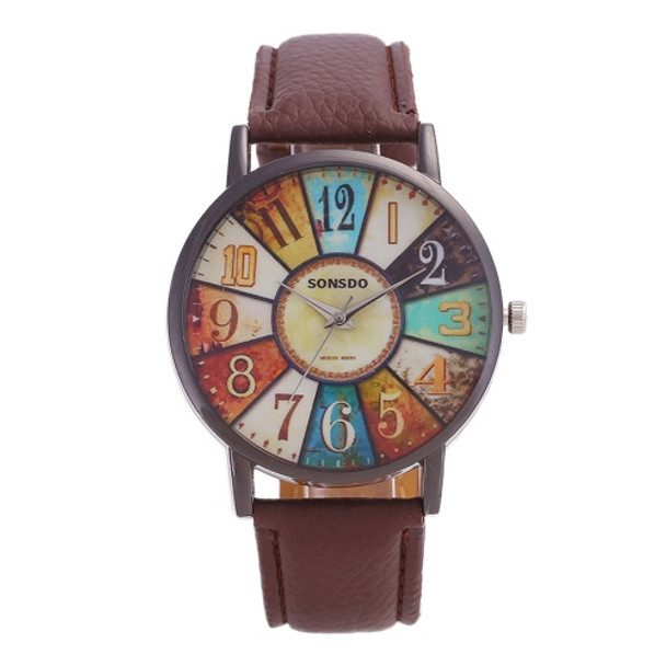 Retro Personality Digital Turntable PU Leather Strap Quartz Watch(Coffee)