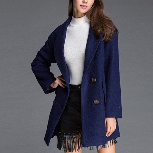 Fashion Solid Color Long-sleeved Suit Collar Wool Coat(Color:Dark Blue Size:M)