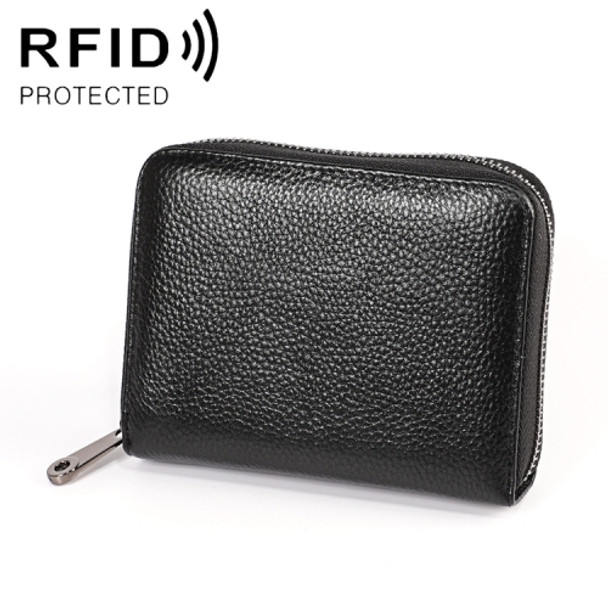 KB195 Zipper Cowhide Leather Double Row Organ Shape Multiple Card Slots Anti-magnetic RFID Wallet Clutch Bag for Ladies(Black)