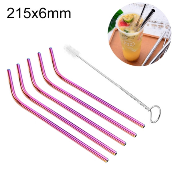 5 PCS Reusable Stainless Steel Bent Drinking Straw + Cleaner Brush Set Kit, 215*6mm(Colour)