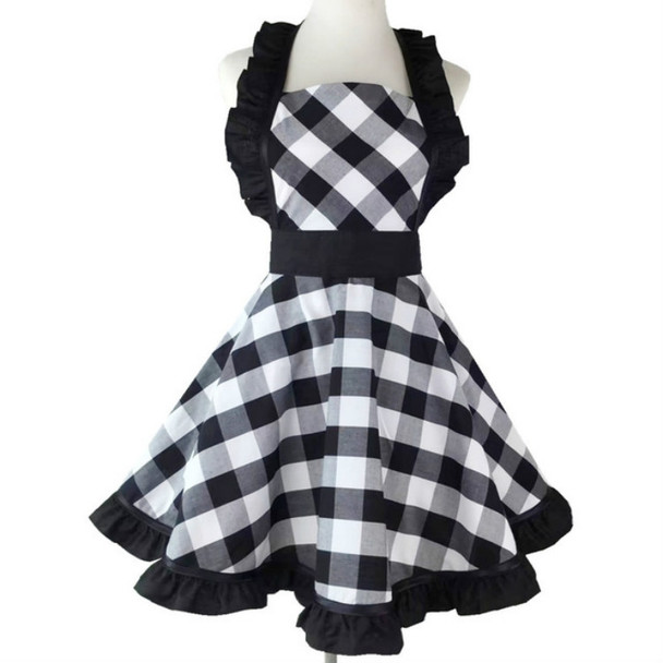 Retro Cotton Big Plaid Big Swing Apron(Black White Grid)