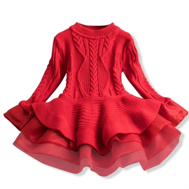 Winter Girls Knit Long Sleeve Sweater Organza Dress Evening Dress, Size:140cm(Red)