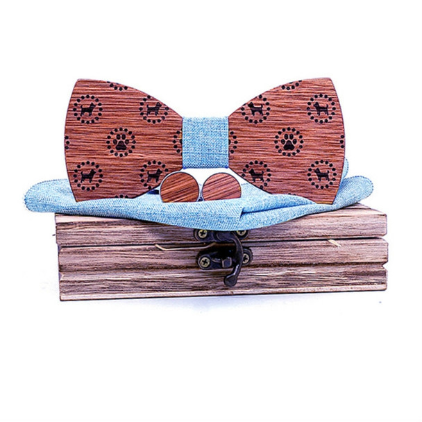 3 in 1 Cute Dog Pattern Wooden Bow Tie + Cufflinks + Square Scarf Set(T223-C1 Denim Blue)