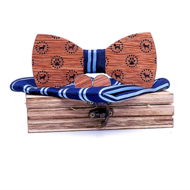 3 in 1 Cute Dog Pattern Wooden Bow Tie + Cufflinks + Square Scarf Set(T223-C3 Striped Blue)