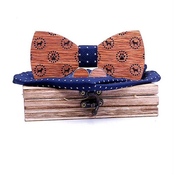 3 in 1 Cute Dog Pattern Wooden Bow Tie + Cufflinks + Square Scarf Set(T223-C6 Navy)