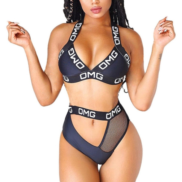 Sexy Letter Mesh Hollow Bikini Split Swimsuit, Size:M(Black)