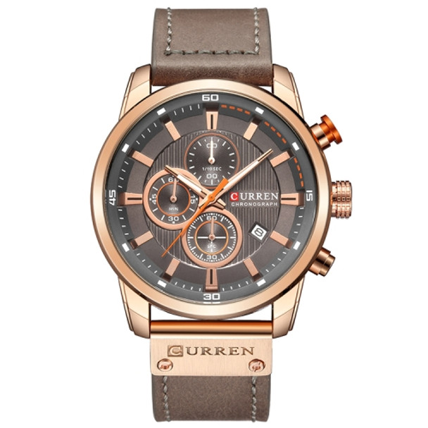 CURREN M8291 Chronograph Watches Casual Leather Watch for Men(Rose case gray face)