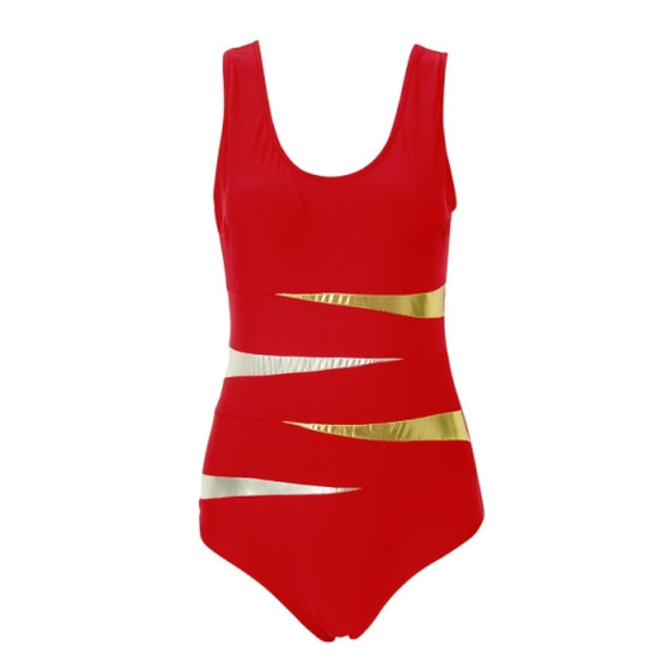 2 Pieces Swimwear Solid Bling Gold Swimwear One Piece Swimsuit Women Vintage Retro Bathing Suits, Size:XL(RDed)