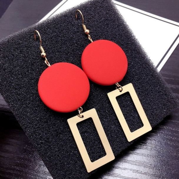 Women Fashion Wooden Round Long Geometric Rectangle Earrings(Red)