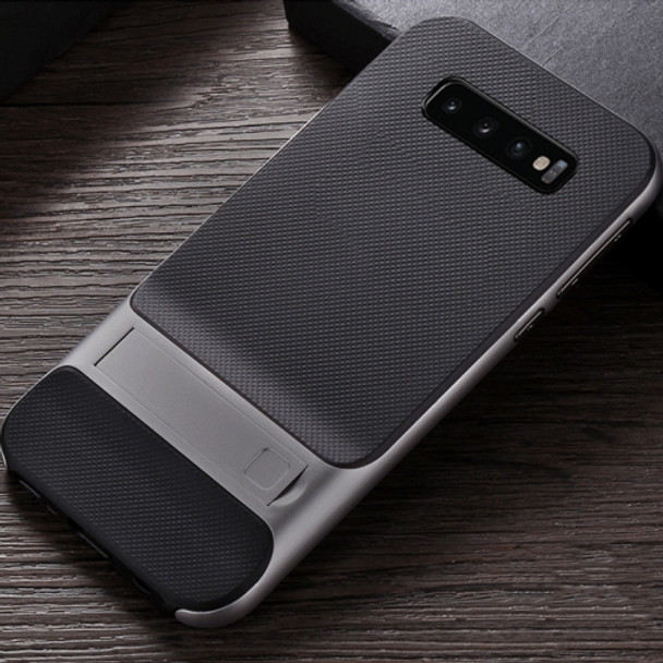 For Galaxy S10 Plaid Texture Non-slip TPU + PC Case with Holder(Space Gray)