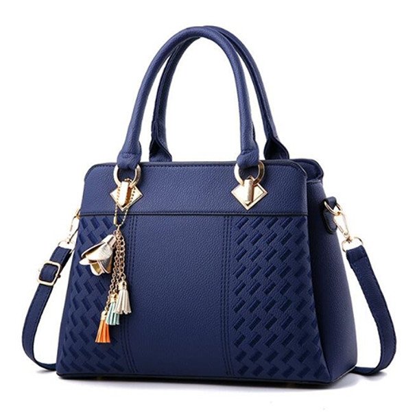 Fashion Women Tassel PU Leather Embroidery Crossbody Bag Shoulder Bag Simple Style Hand Bags(dark blue)